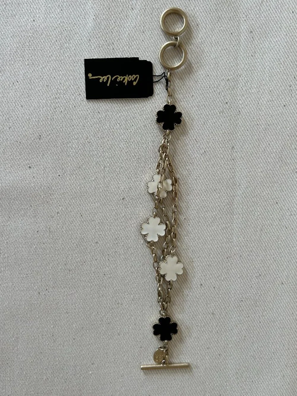 Cookie Lee Silver Clover Toggle Charm Bracelet Black White - NWT